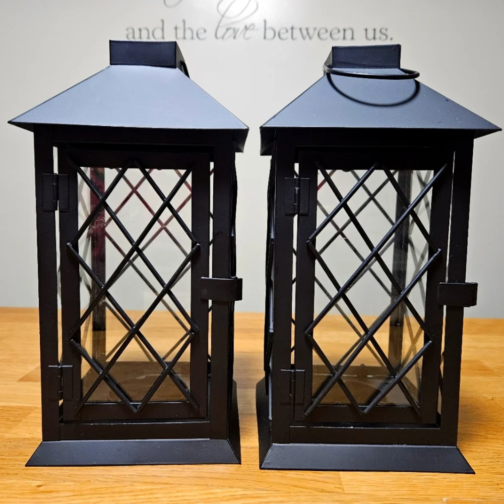 Set of 2 Black Metal Glass Candle Lanterns Decorative Farmhouse Indoor Outdoor